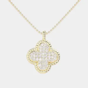 14K Gold Plated CZ Stone Paved Quatrefoil Pendant Two Tone Necklace