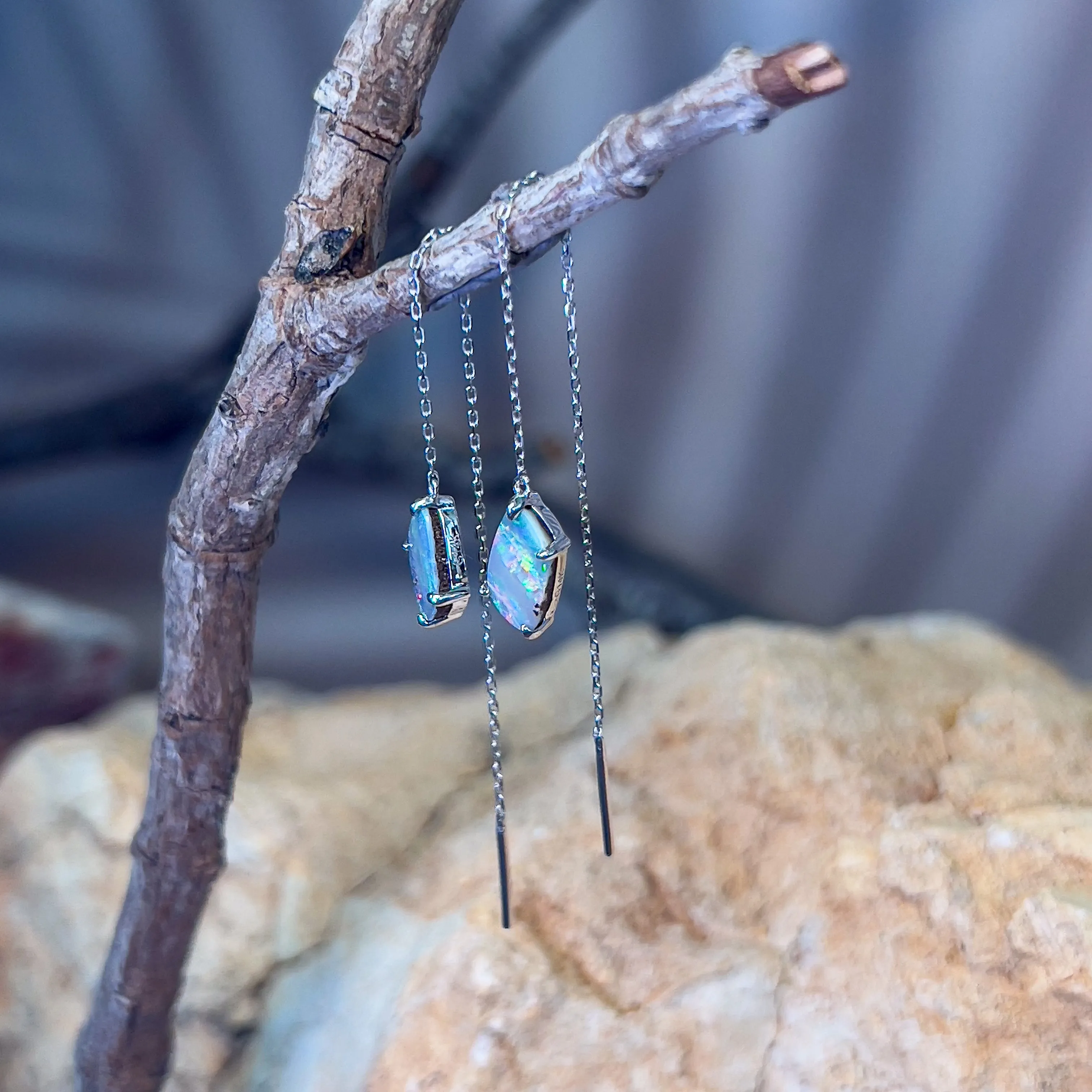 14kt White Gold dangling thread through earrings boulder opal