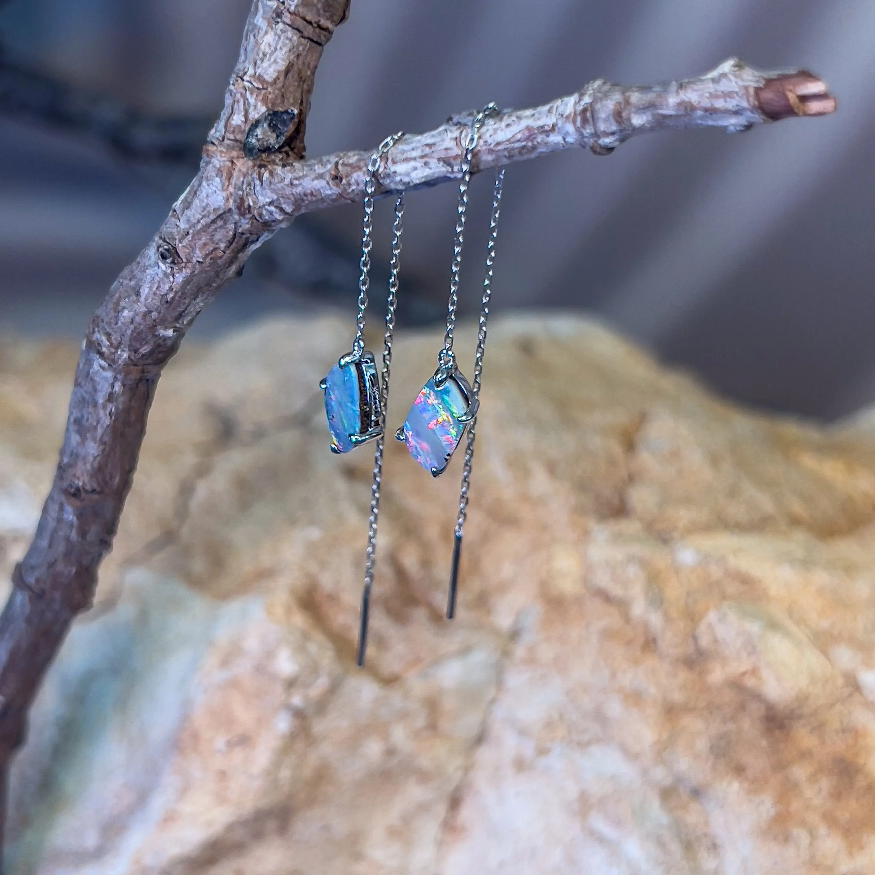 14kt White Gold dangling thread through earrings boulder opal