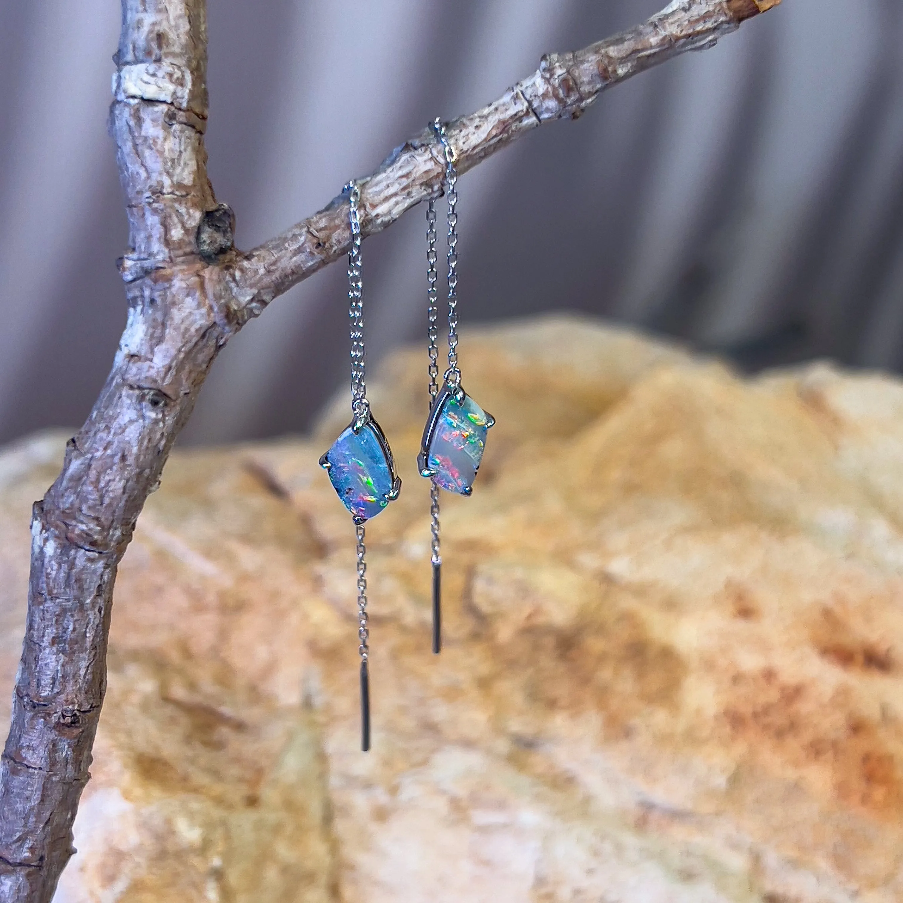 14kt White Gold dangling thread through earrings boulder opal