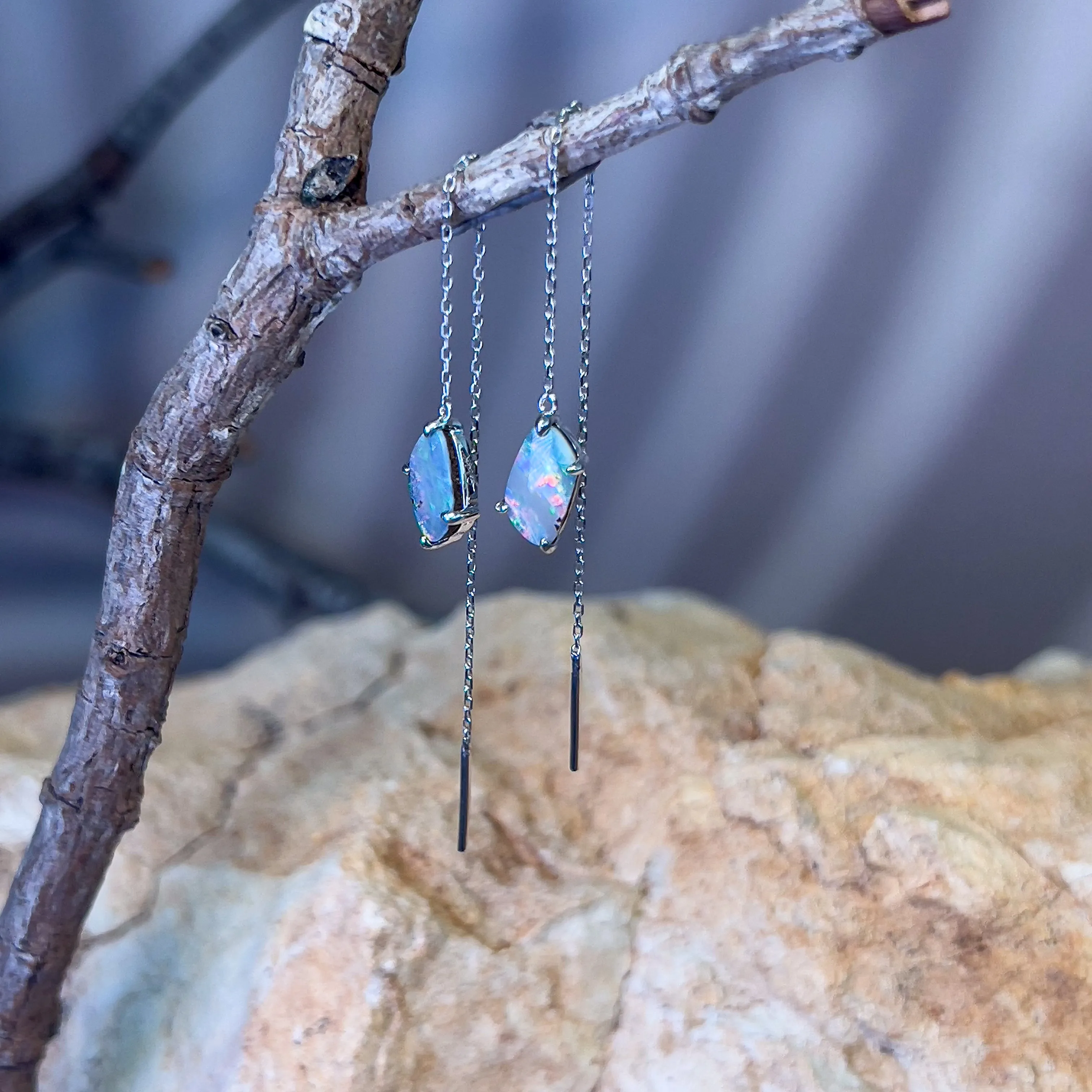 14kt White Gold dangling thread through earrings boulder opal