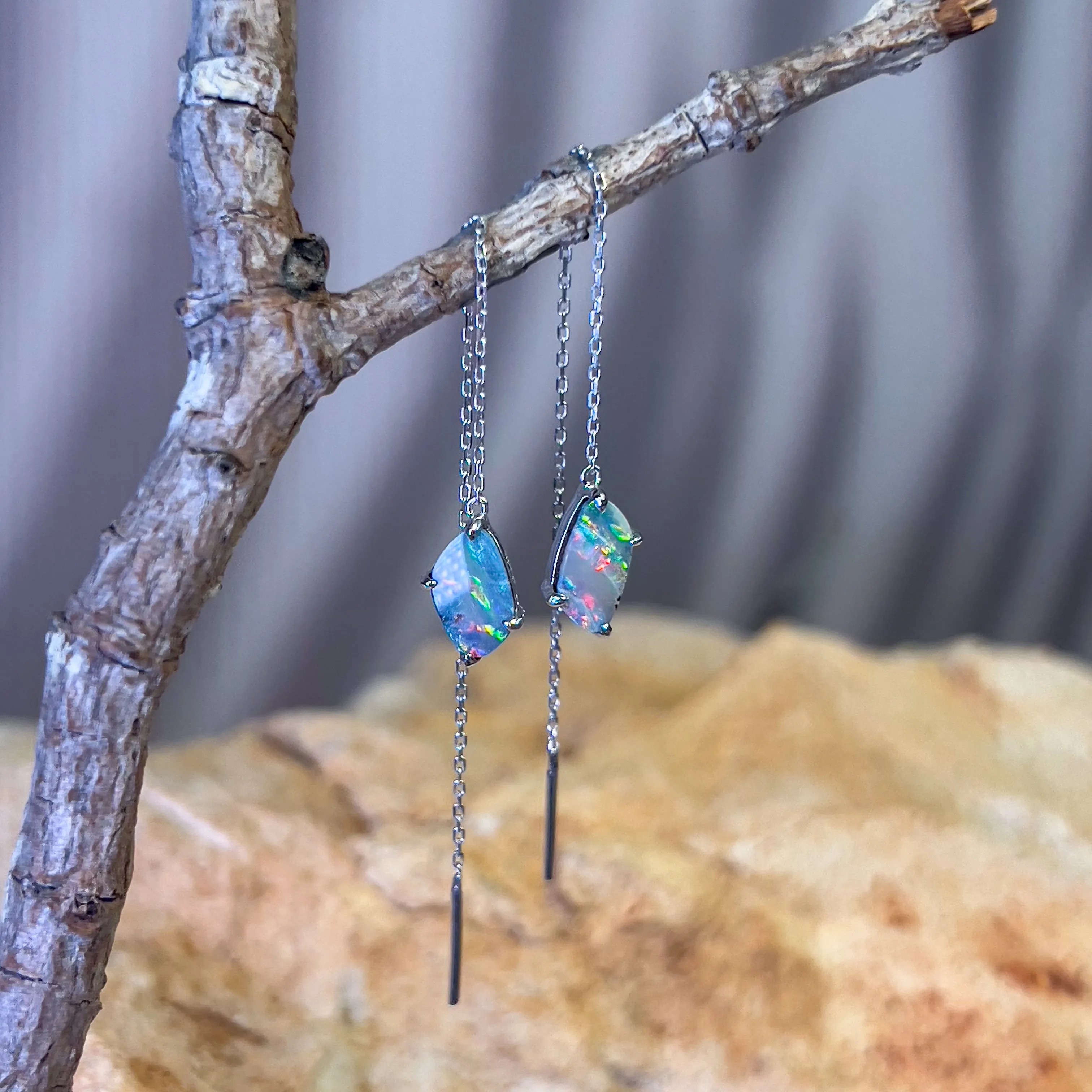 14kt White Gold dangling thread through earrings boulder opal