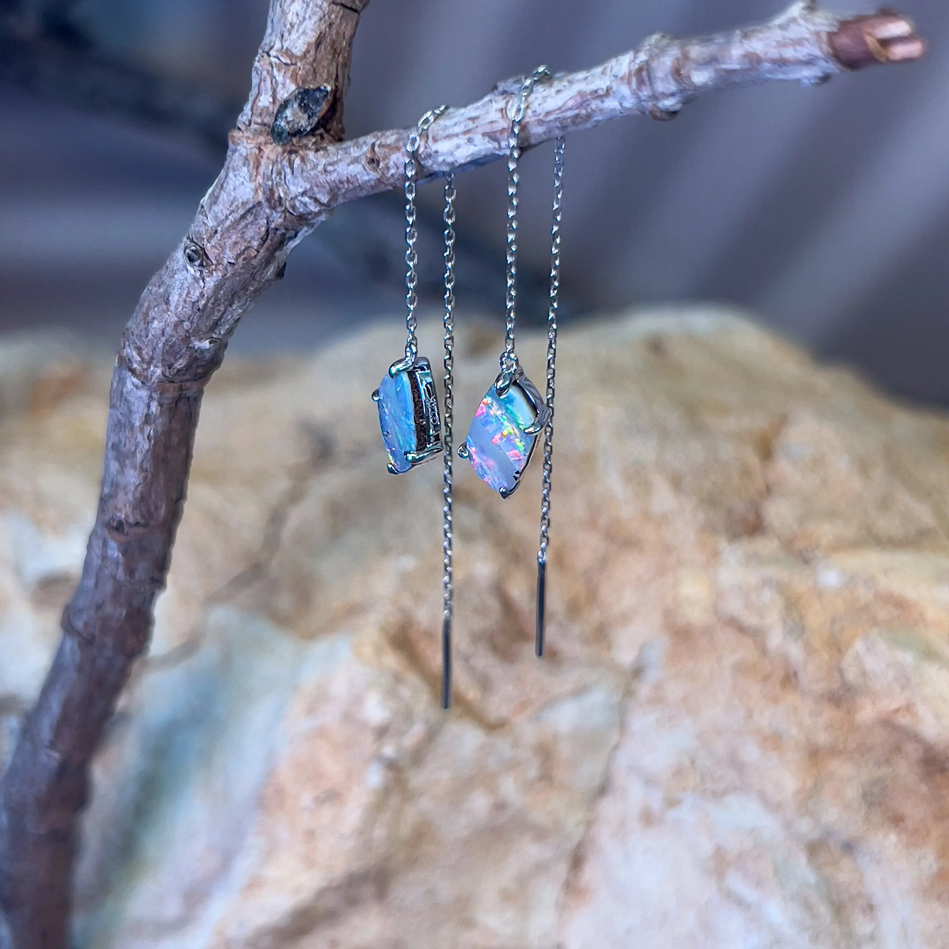 14kt White Gold dangling thread through earrings boulder opal