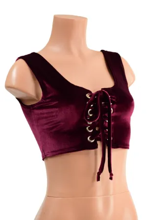 6" Mini Lace UP Front Crop Tank in Burgundy Velvet