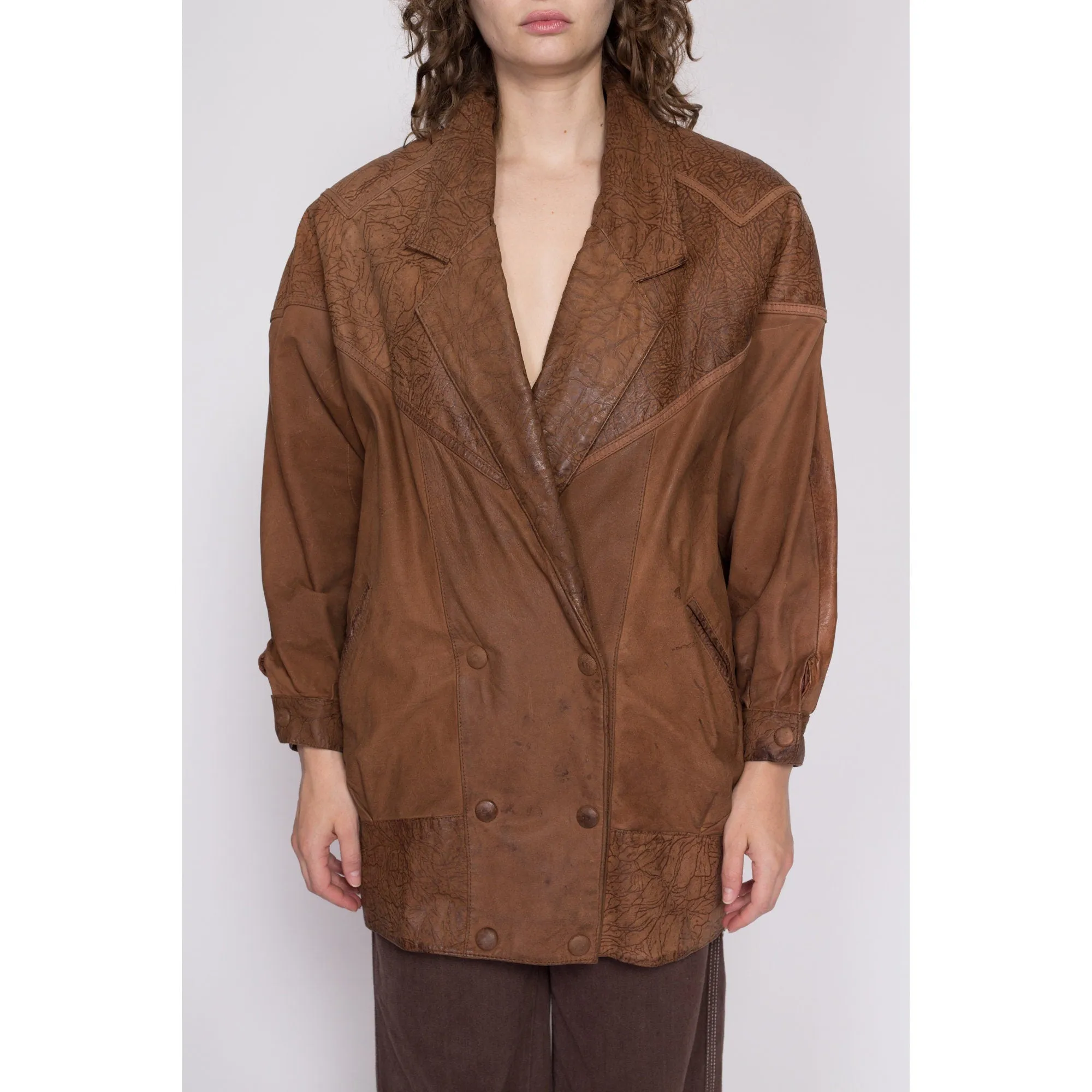 80s G-III Brown Leather Embossed Jacket - Medium