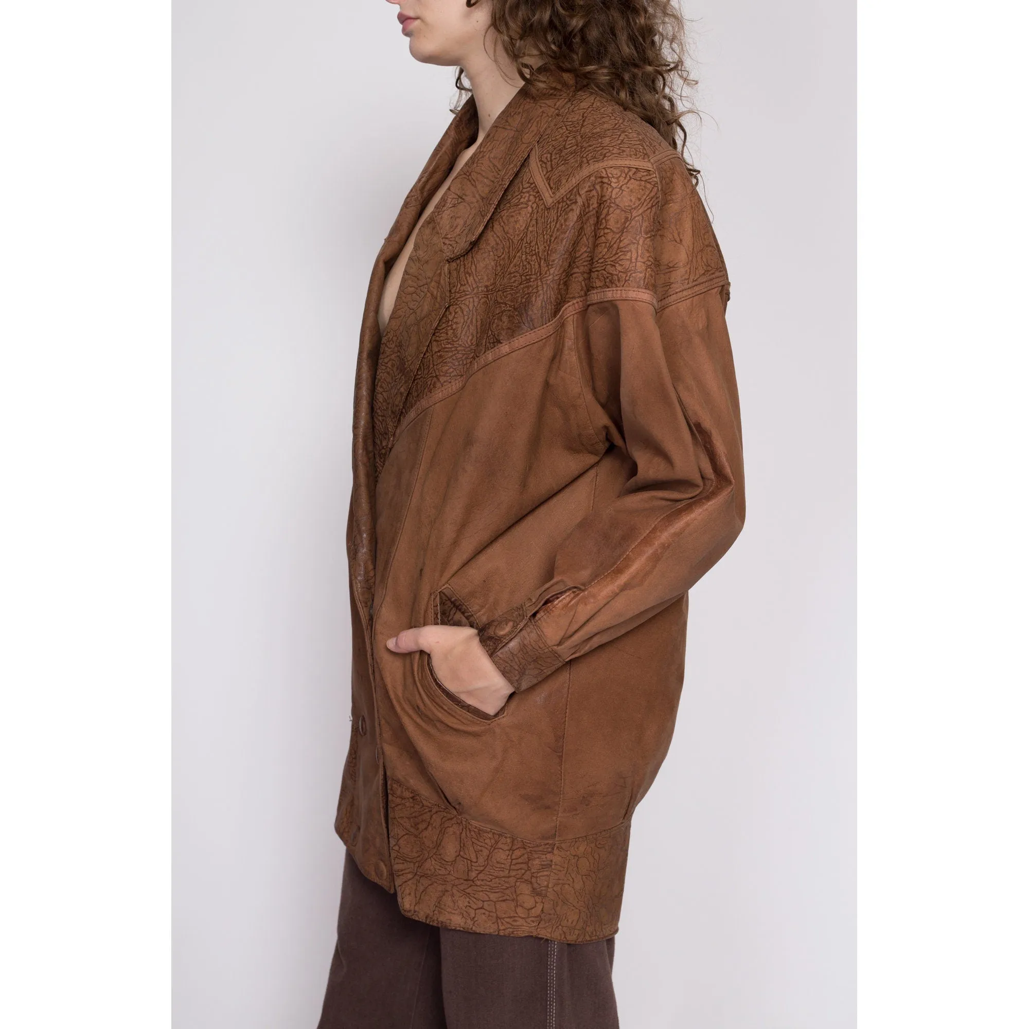 80s G-III Brown Leather Embossed Jacket - Medium