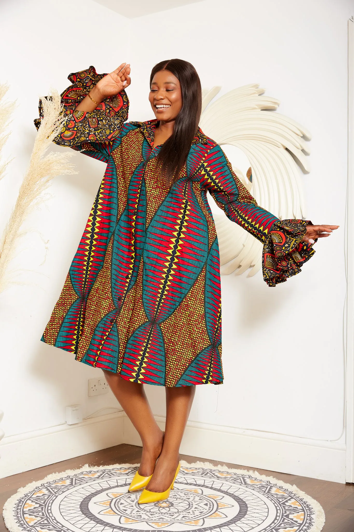 African Print Long Sleeve Shirt Dress - Sophia