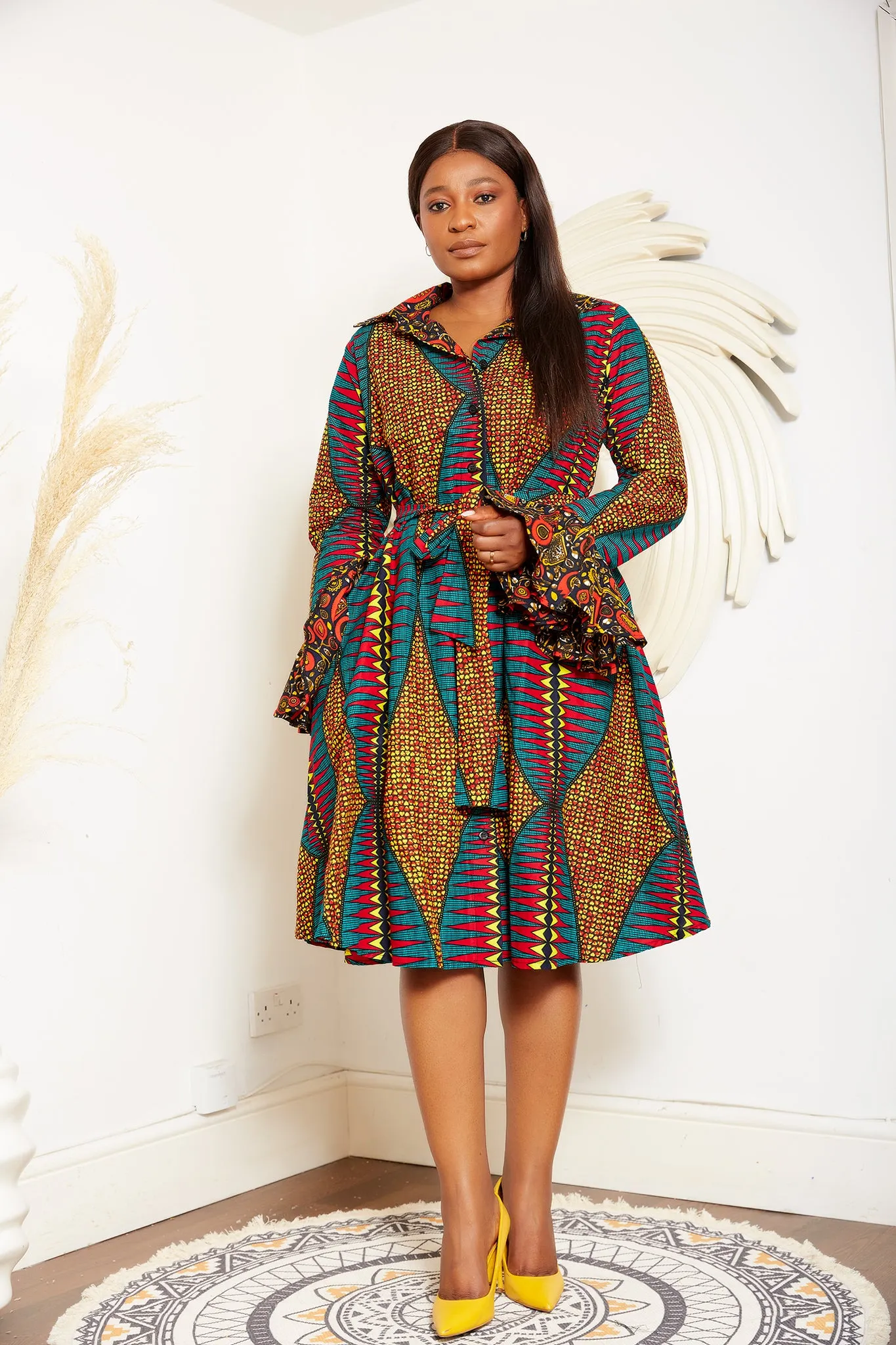 African Print Long Sleeve Shirt Dress - Sophia