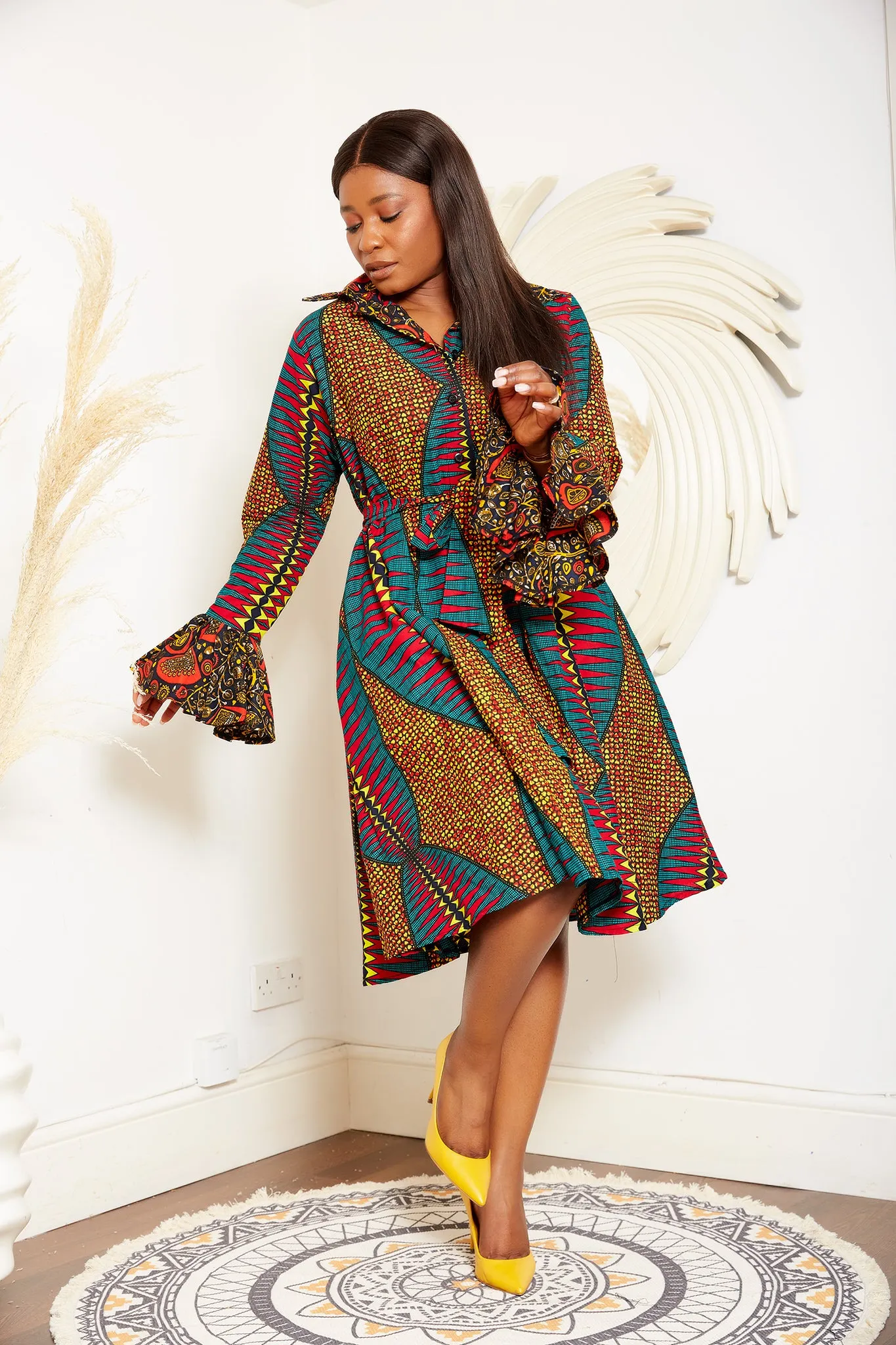 African Print Long Sleeve Shirt Dress - Sophia