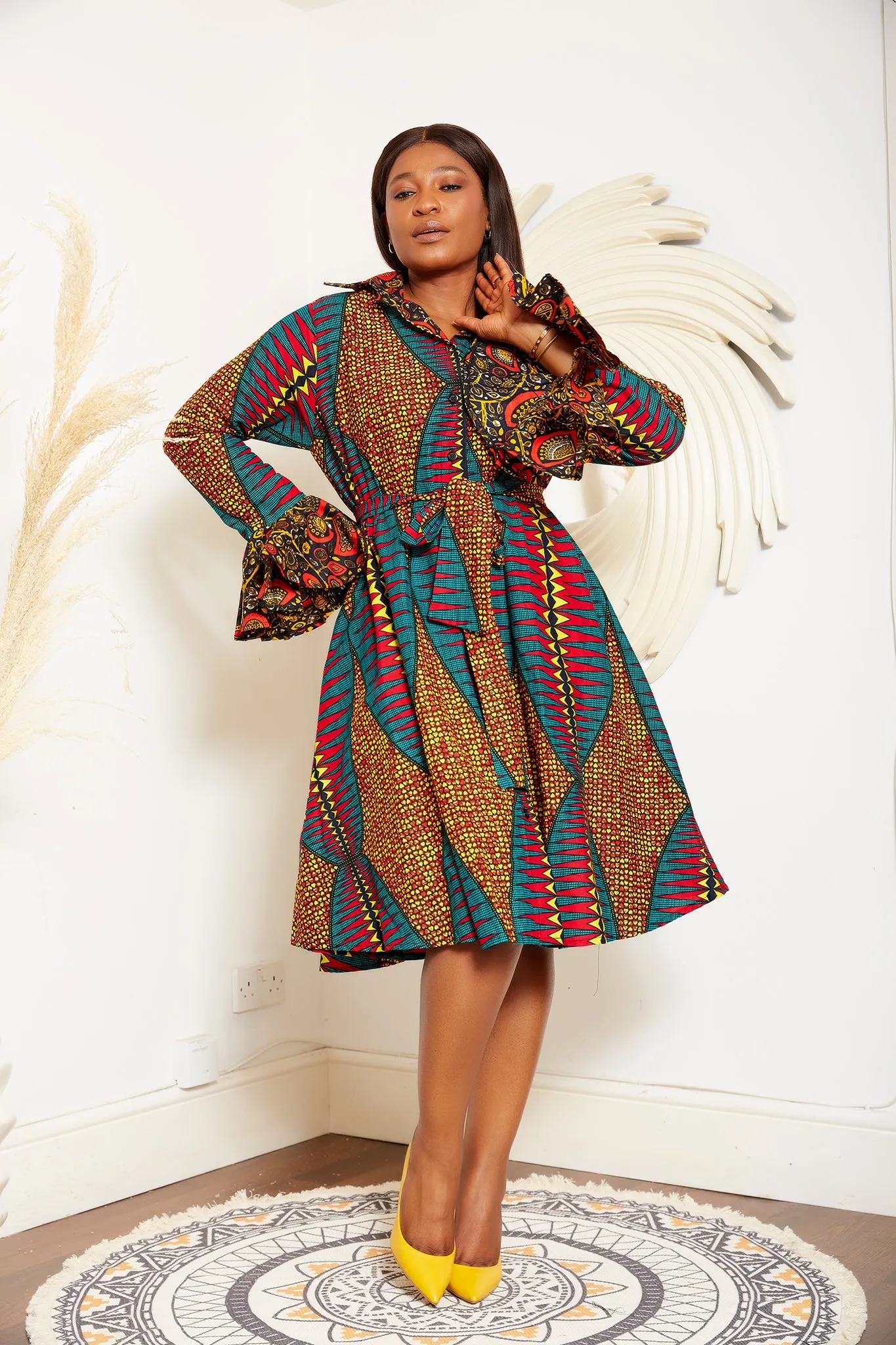 African Print Long Sleeve Shirt Dress - Sophia