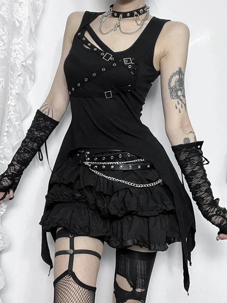 Alt Gothic Cyber Bandage Crop Eyelet Y2K Goth Top