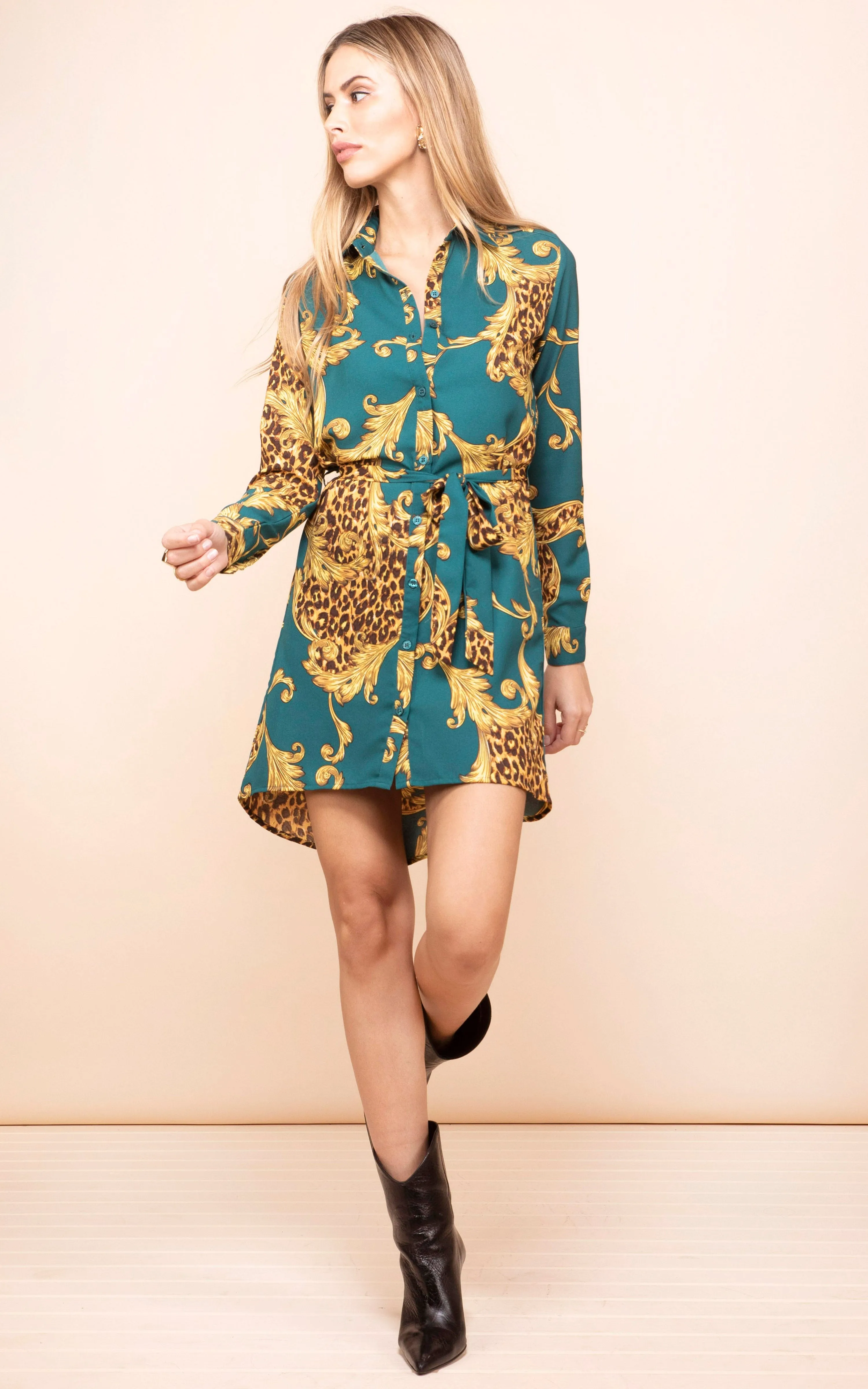 Amaris Mini Shirt Dress in Green Baroque