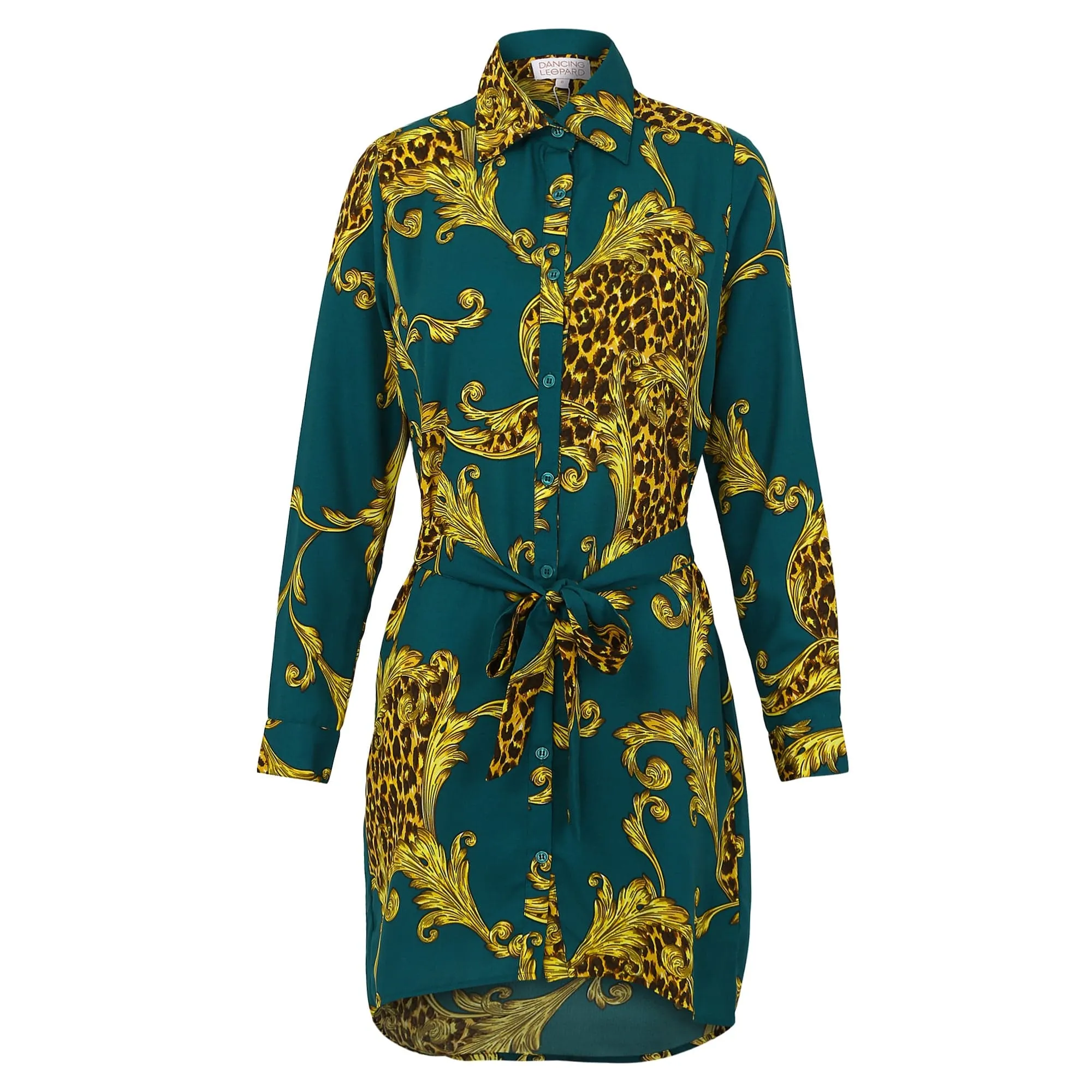 Amaris Mini Shirt Dress in Green Baroque