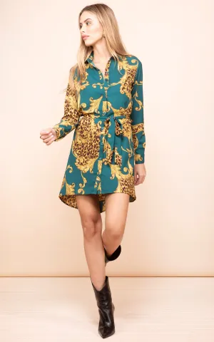 Amaris Mini Shirt Dress in Green Baroque