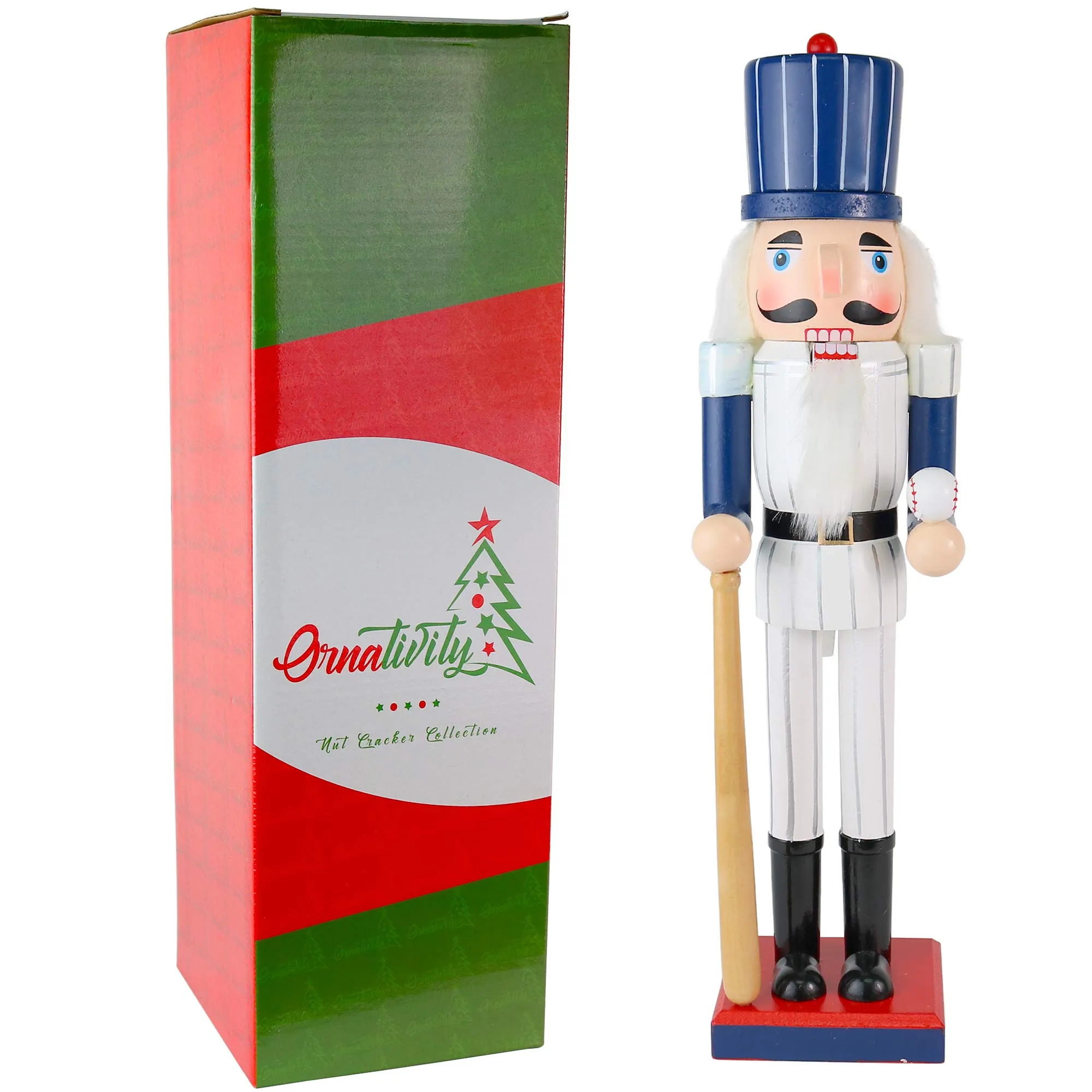 Baseball Nutcracker 15" - Baseball Player with White Pin Stripe Uniform and Bat Holiday Decor Nutcracker