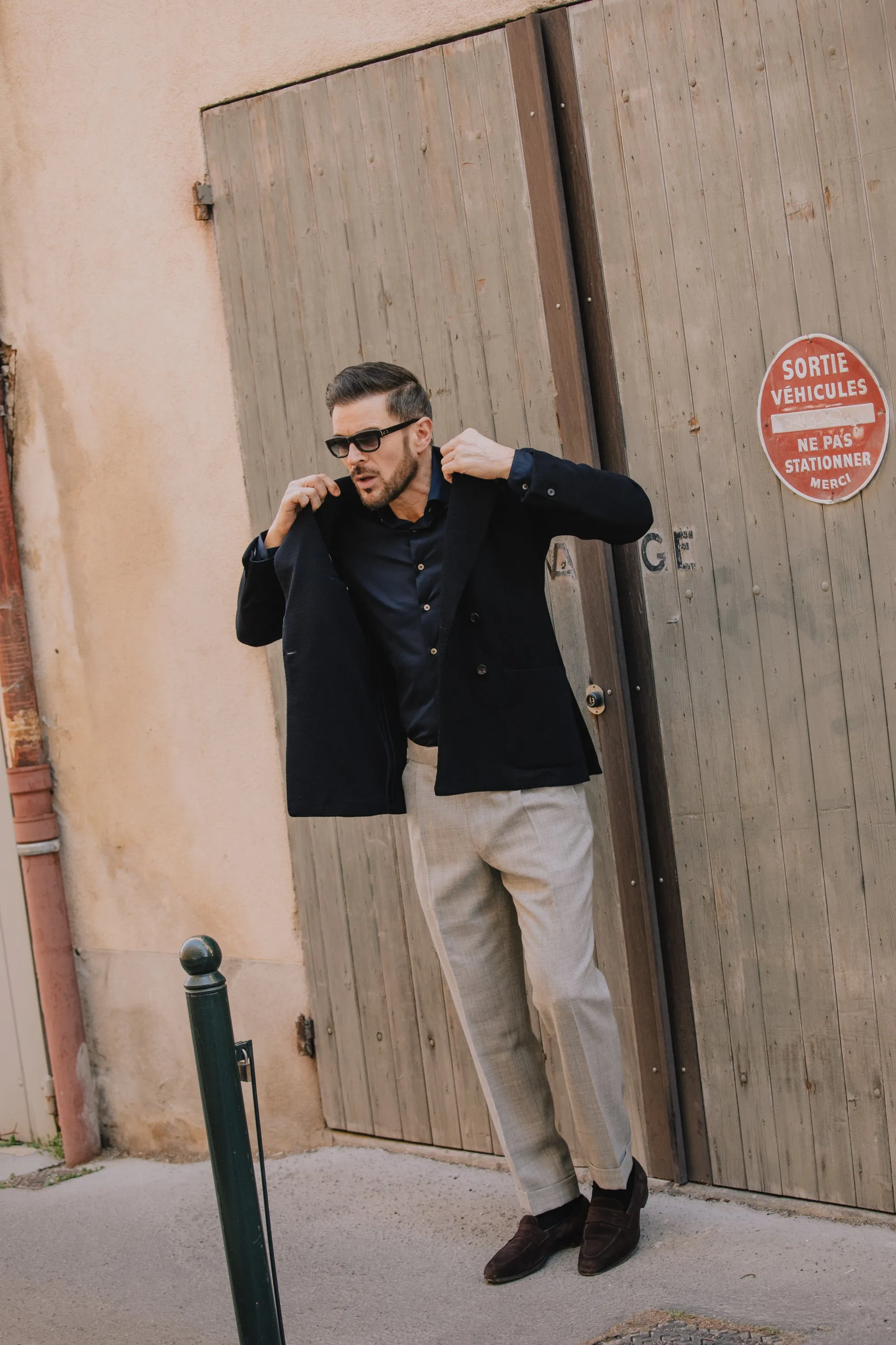 Cardigan Peak Lapel Jacket in Navy Jersey