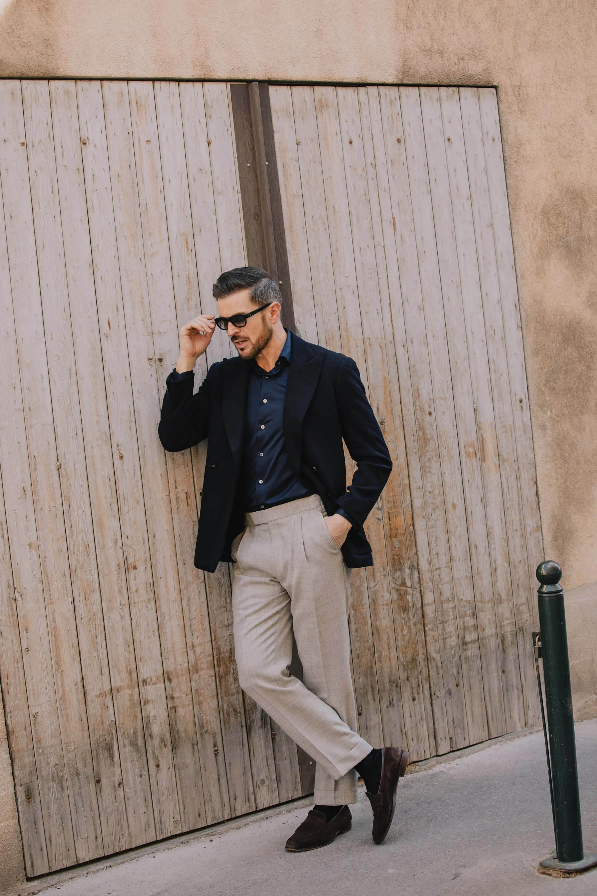 Cardigan Peak Lapel Jacket in Navy Jersey