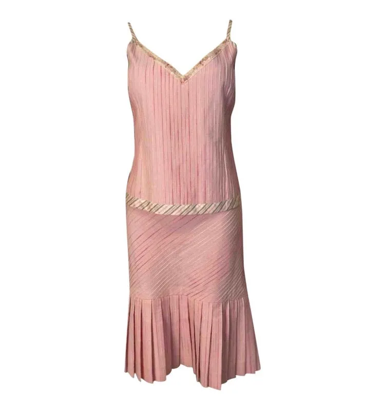 Chanel 03P, 2003 Spring pink camisole top matching Pleated accordion skirt set FR 42 US 8