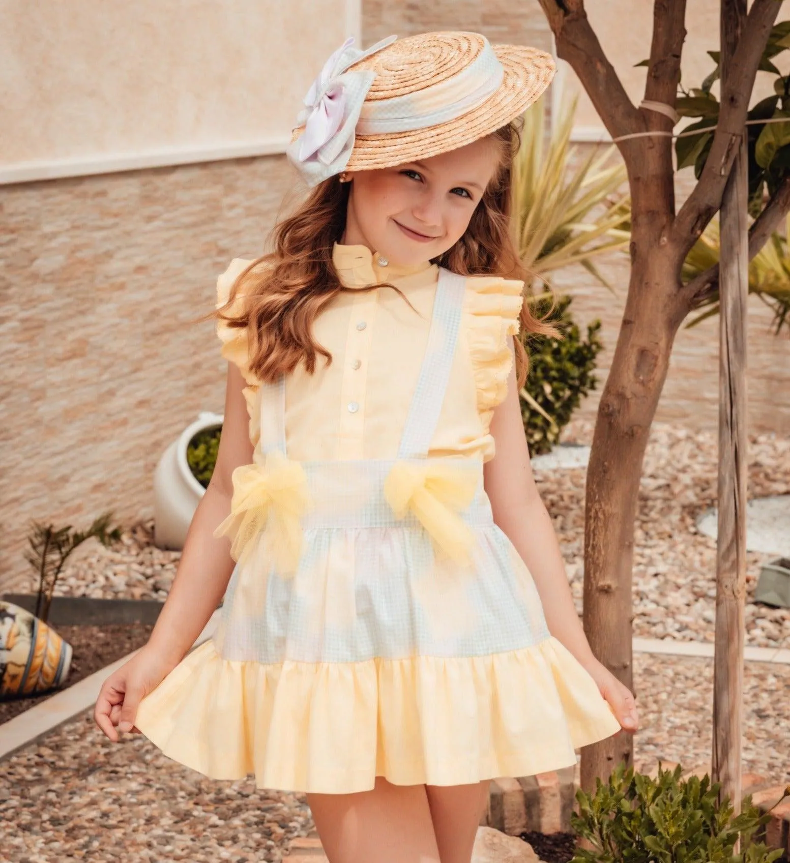 CLEARANCE SALE - Babine SS24 - Girls Yellow Pastel Blouse & Pinafore Skirt Set