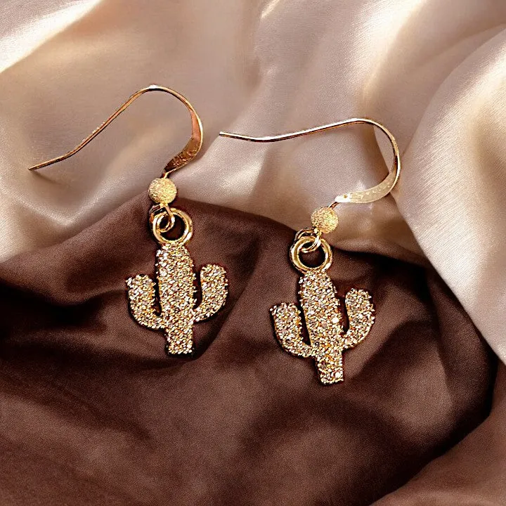 CZ Diamond Cactus Gold dangle earrings