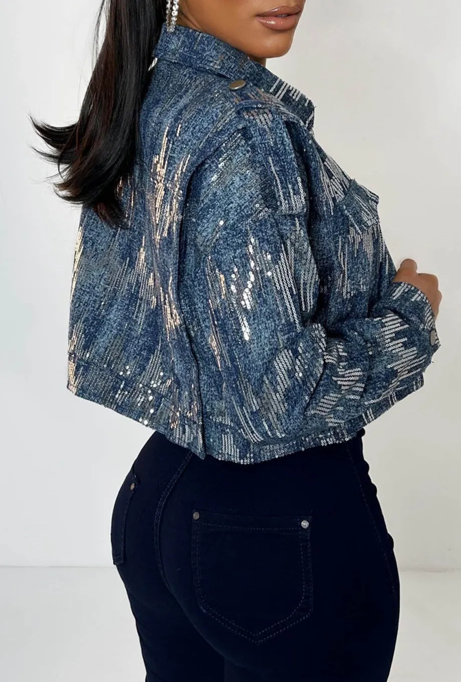 Divine Denim Mid Blue Sequin Embellished Cropped Denim Jacket