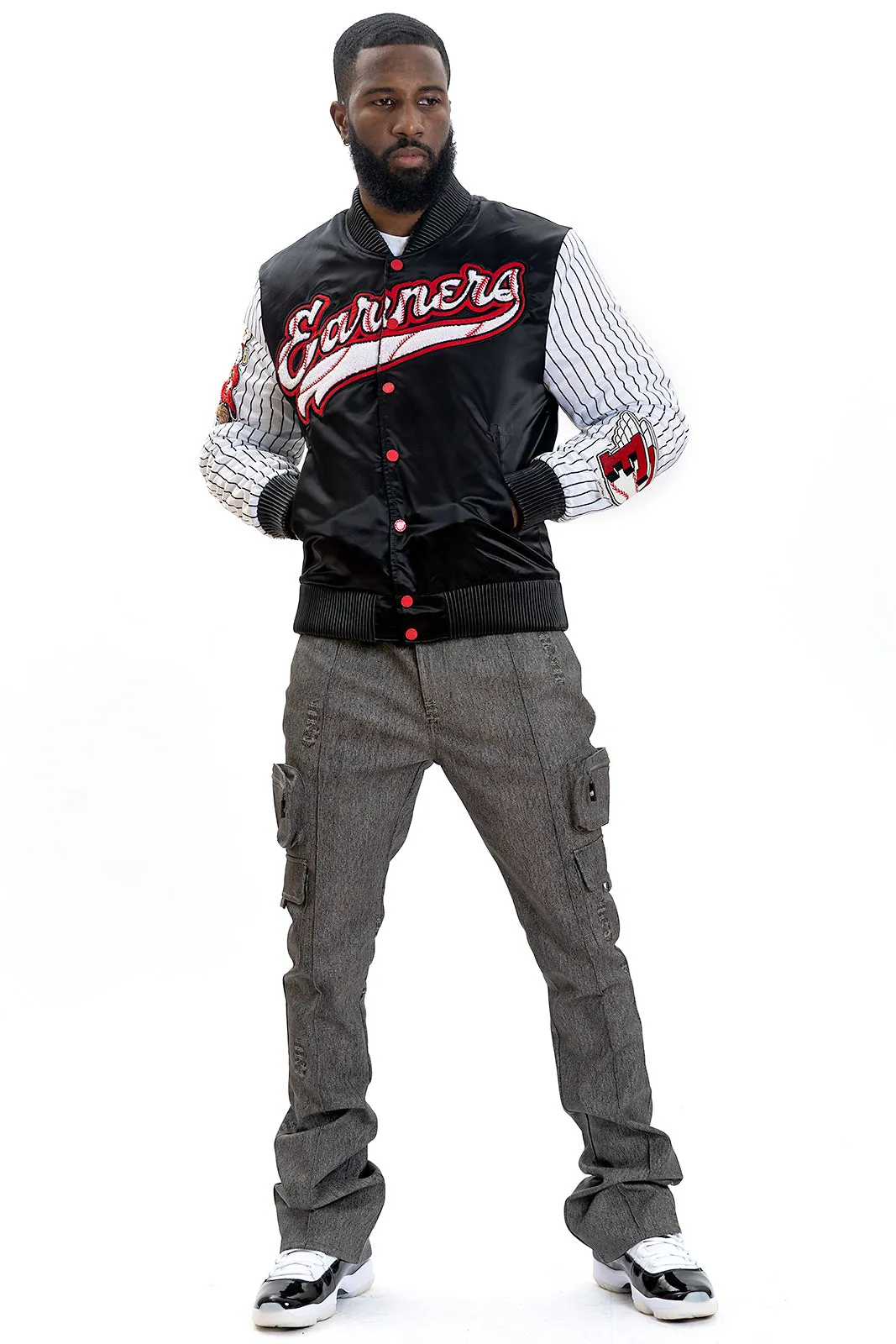 F1047 Earners League Satin Varsity Jacket - Black