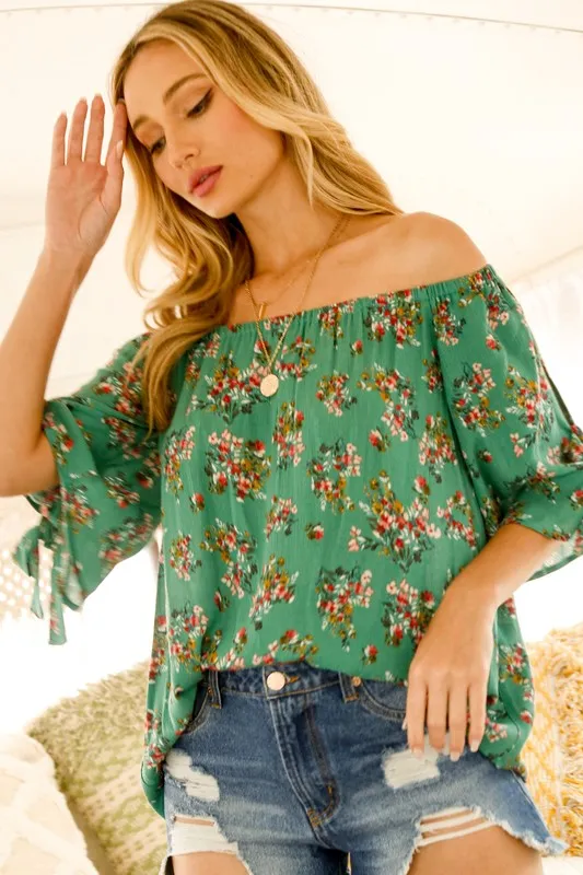 Green Floral Off-Shoulder Top