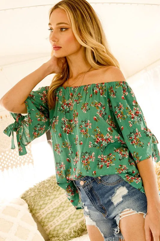 Green Floral Off-Shoulder Top