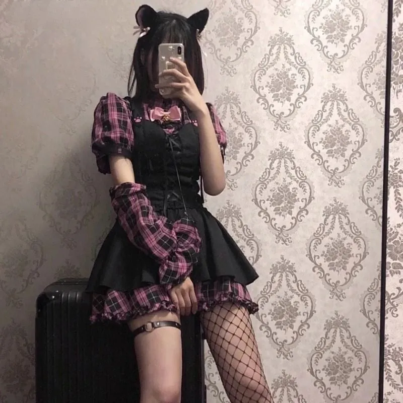 Harajuku Lolita Plaid Cat Paw Shirt Dress Set - Cute and Versatile for Any Occasion