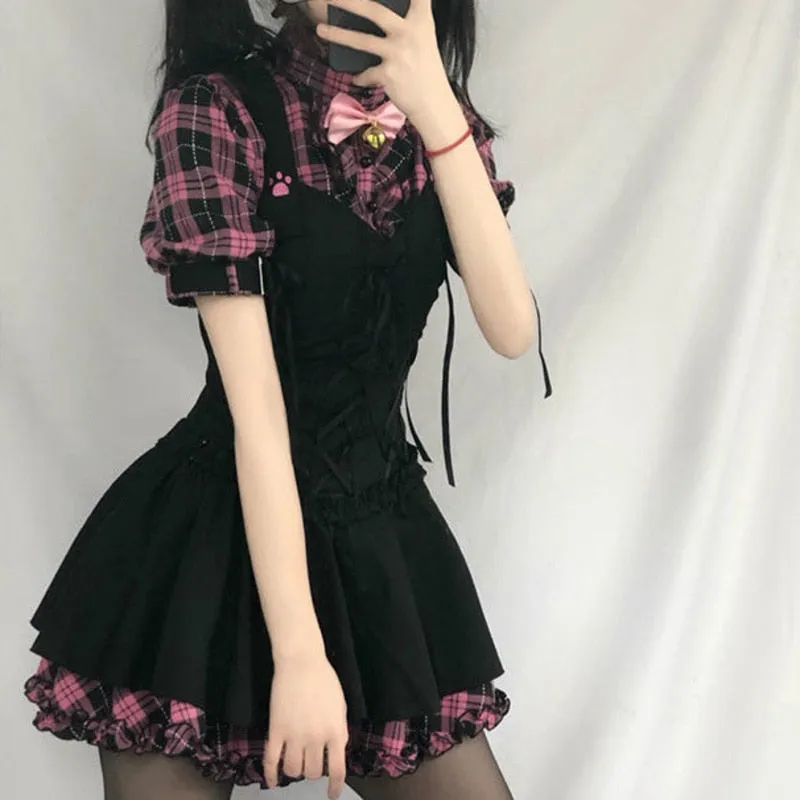 Harajuku Lolita Plaid Cat Paw Shirt Dress Set - Cute and Versatile for Any Occasion