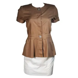 HERMES Khaki and White Safari Style Skirt Suit Size 2-4