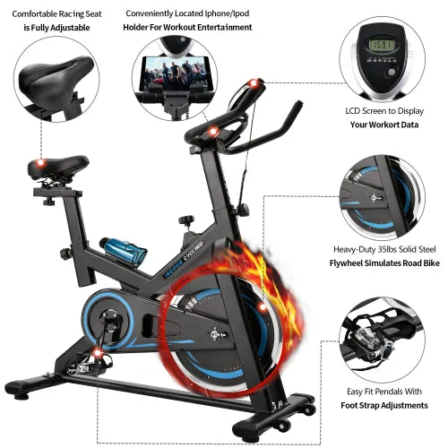 Indoor Cycling Bike Trainer with Belt Drive System & LCD Monitor, Exercise Bike for for Home Workout(Black & Blue)