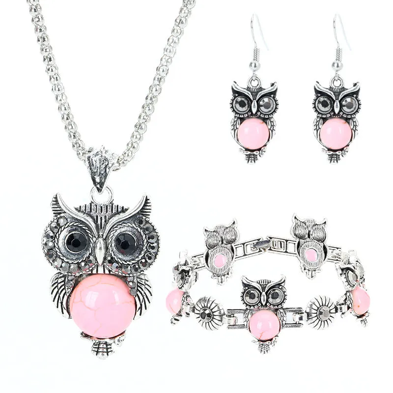 Jewelry Set Ethnic Turquoise Owl Pendant Inlaid Earrings Necklace Bracelet