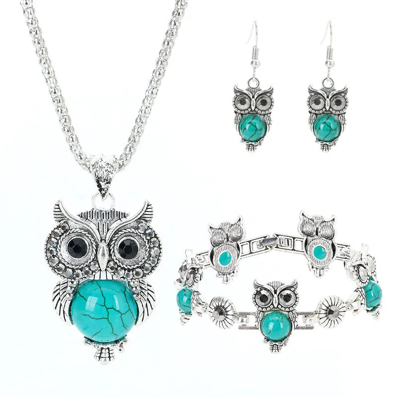 Jewelry Set Ethnic Turquoise Owl Pendant Inlaid Earrings Necklace Bracelet