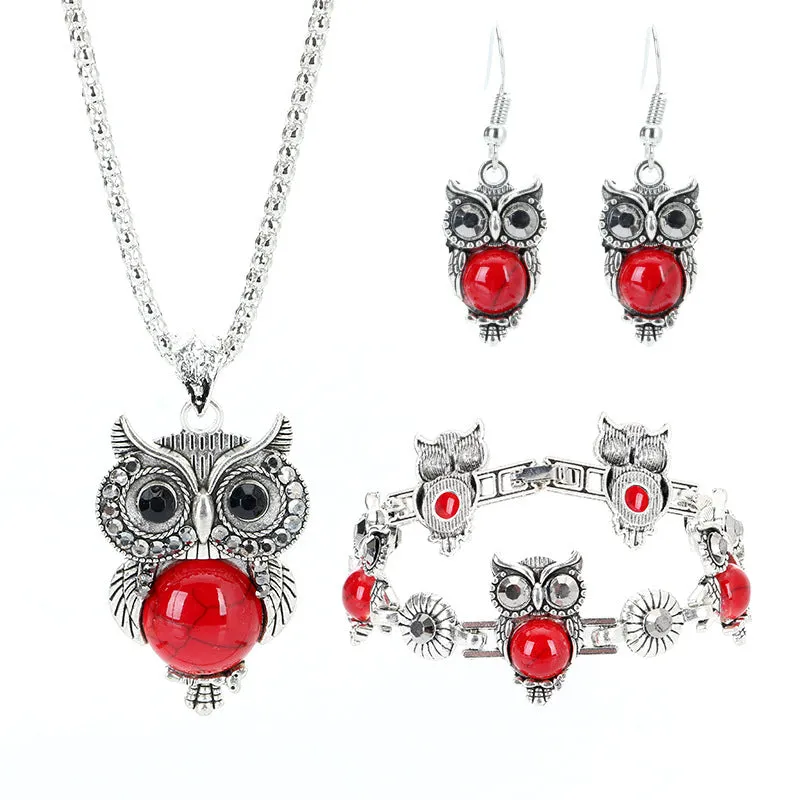 Jewelry Set Ethnic Turquoise Owl Pendant Inlaid Earrings Necklace Bracelet