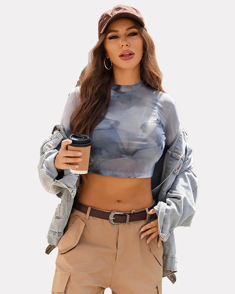 Long Sleeve Mock Neck Mesh Crop Top