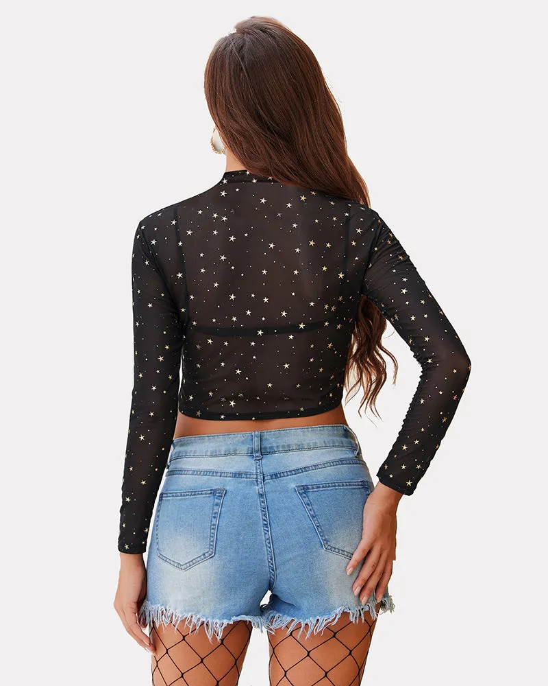 Long Sleeve Mock Neck Mesh Crop Top