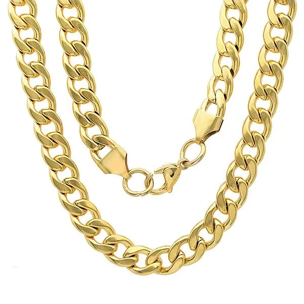 Men's 18k Gold Plated Stainless Steel Cuban Link Chain Bracelet and Necklace Set