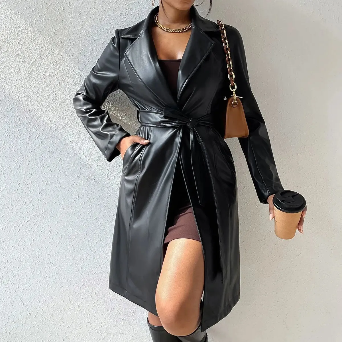 PU Long Sleeve Jacket Women's Slim Fit Long Trench jacket