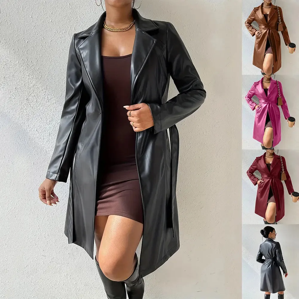 PU Long Sleeve Jacket Women's Slim Fit Long Trench jacket