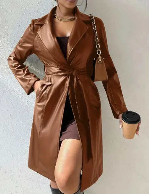 PU Long Sleeve Jacket Women's Slim Fit Long Trench jacket