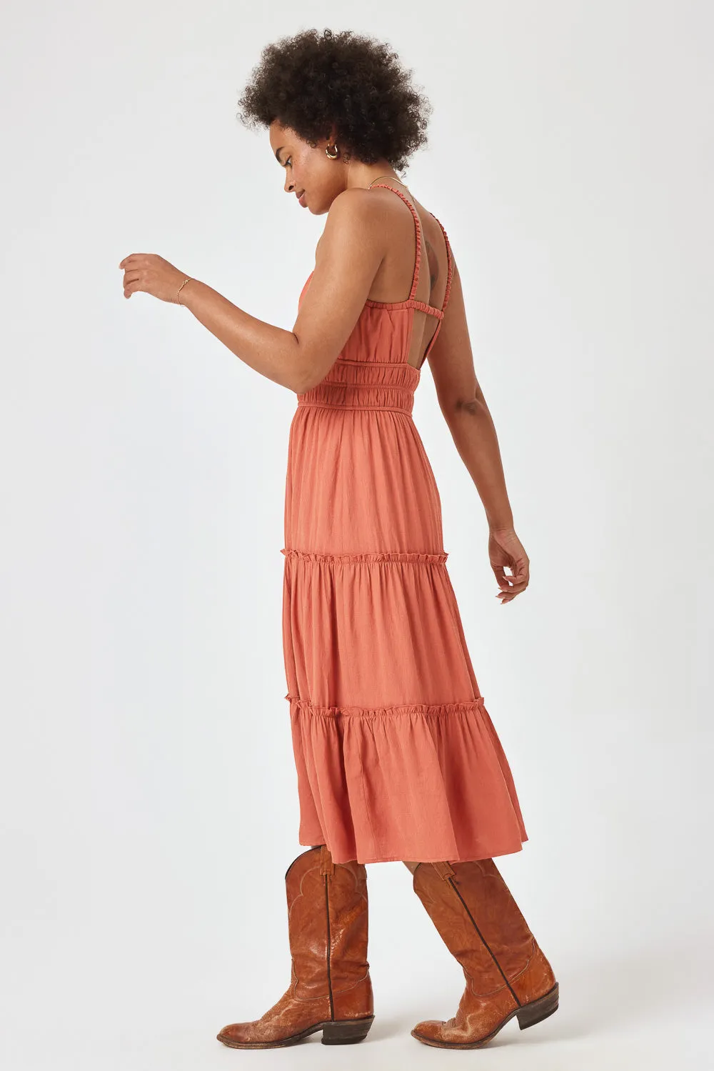 Rust Cinched Waist Tiered Midi Dress