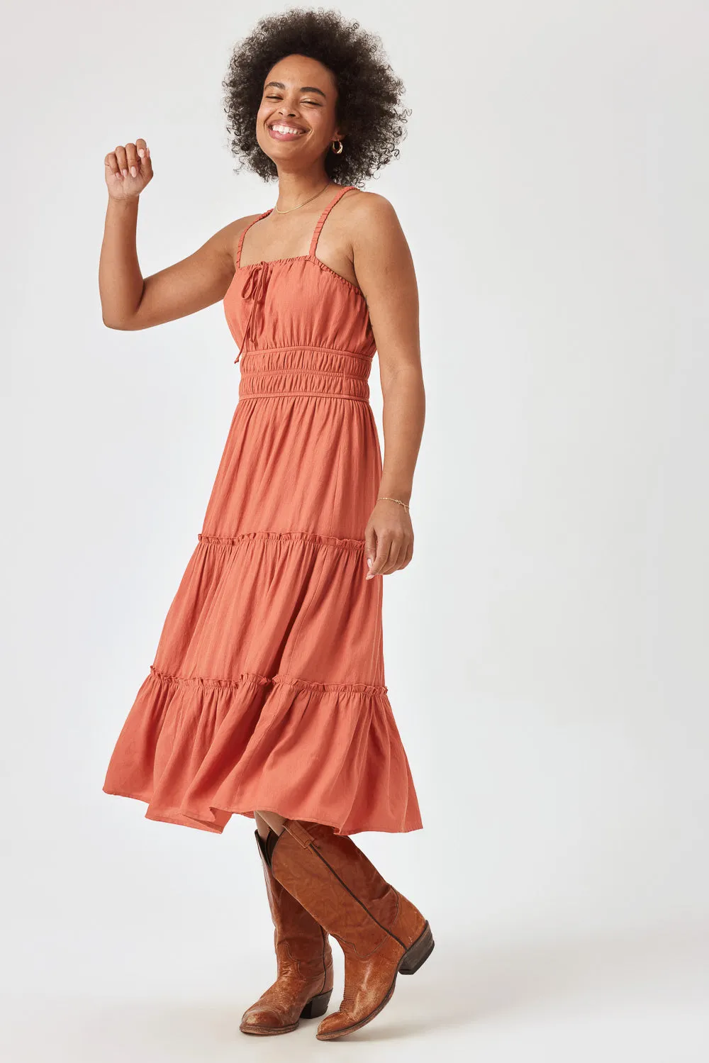 Rust Cinched Waist Tiered Midi Dress