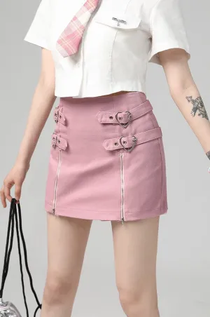 Sexy Sweet Heart Strap Double Zippers Pink Mini Skirt