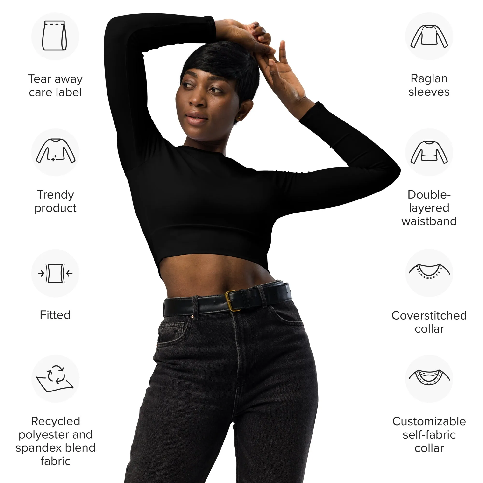 THE ESSENTIAL, SOFT AND STRETCHY, LONG SLEEVE FITTED CROP TOP GS LOGO BLACK