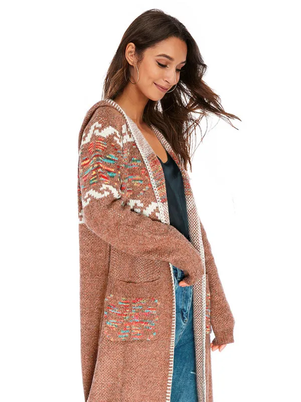 Women's Colour Thread Knitted Print Longline Cardigan With Hood