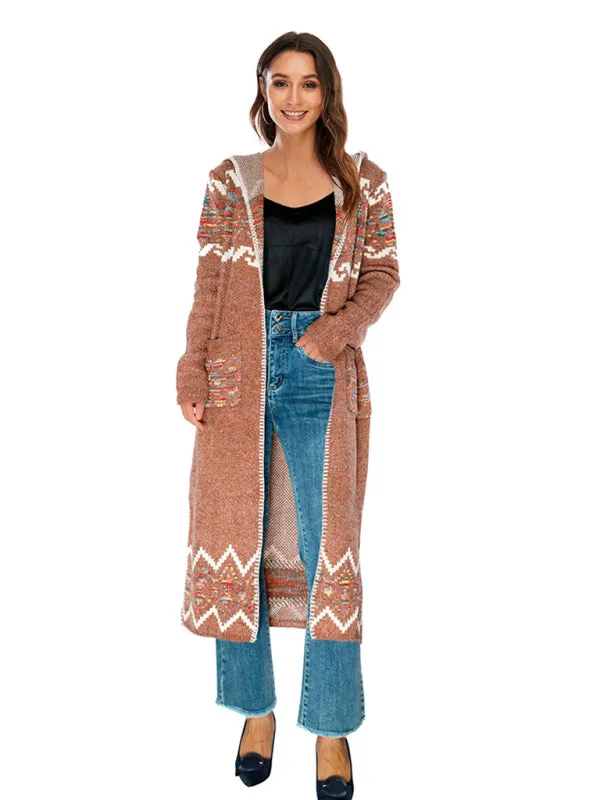 Women's Colour Thread Knitted Print Longline Cardigan With Hood