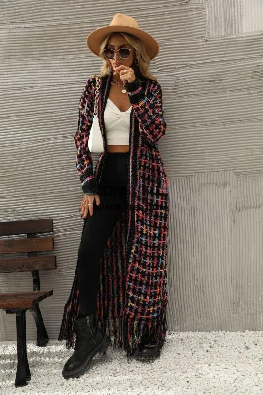 Women's Plaid Print Floor Length Cardigan With Tassel Hem