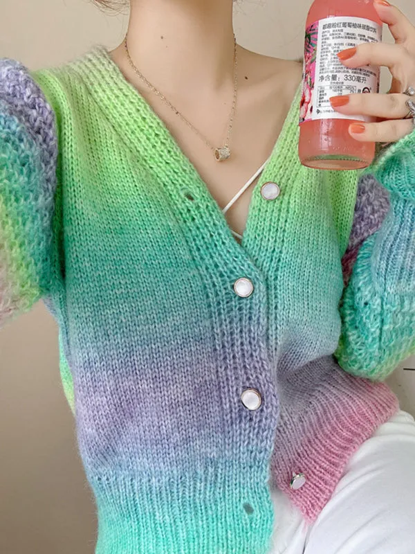 Women's Rainbow Colour Gradient Waist Length Knit Cardigan