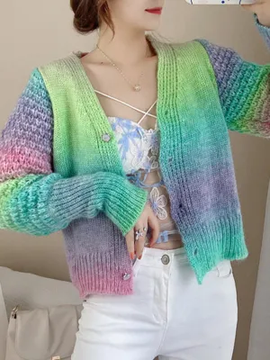 Women's Rainbow Colour Gradient Waist Length Knit Cardigan